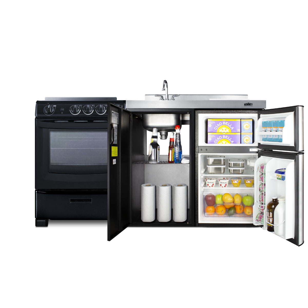64 inch wide all-in-one kitchenette with 4-burner 220V smooth-top electric range, refrigerator-freezer sink, cutting board and cutlery storage, and storage cabinet in a black exterior finish